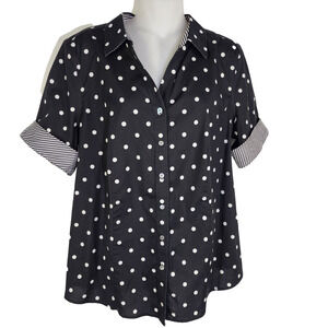 Talbots Women's Non Iron Perfect Shirt Polka Dot Black White Preppy Button Up 14